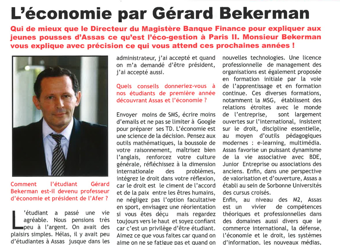 visuel post tribune Gérard Bekerman explique aux jeunes pousses d’Assas ce qu’est l’éco-gestion